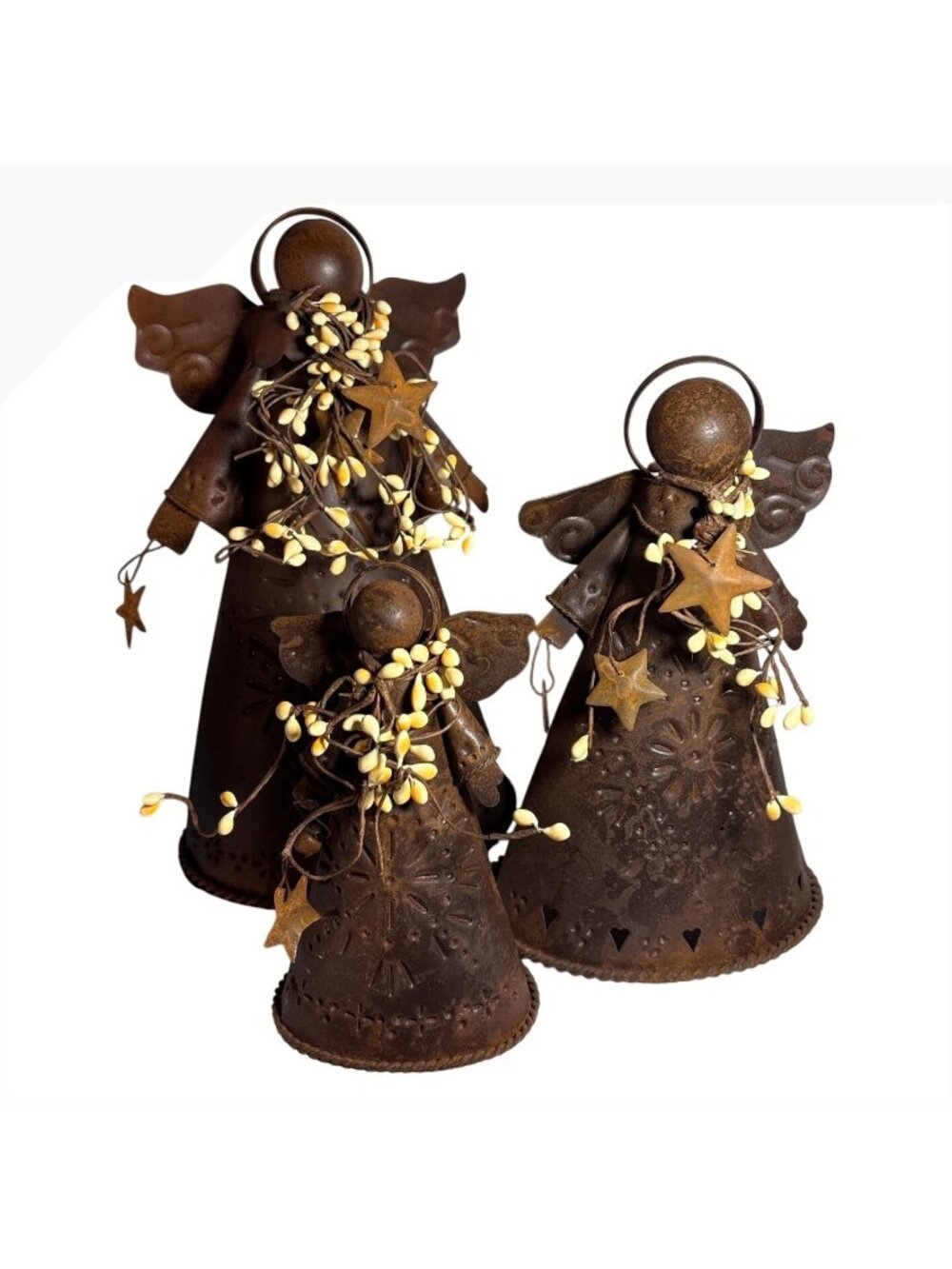 Rustic Metal Angel Candle Holder Set of 3 Punched Metal Yellow Pip Berry Stars